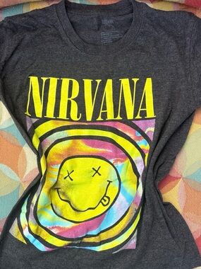 NIRVANA Charcoal Womens Tee with Neon Yellow & Tie-Dye Graphic